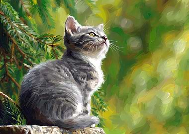 Gray Tabby Kitten in Greenery Painting