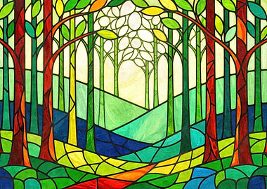 Stained Glass Forest Landscape