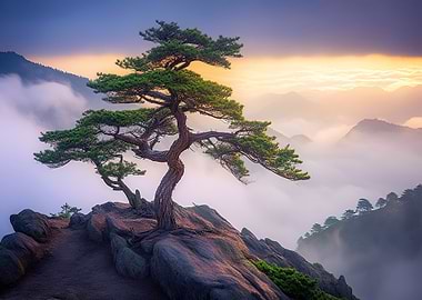 Mountain Tree in the Foggy Clouds Nature