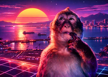 Thinking Monkey in Synthwave Cityscape