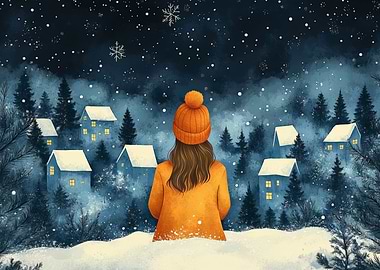 Winter Village Scene with Woman