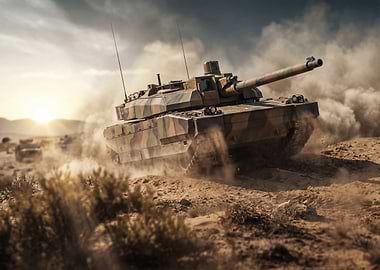 Camouflaged Tank in Desert Landscape
