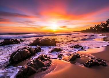 Tropical Sea Beach by Sunset with Rocks