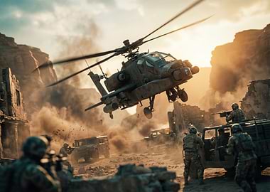 Military Operation with Helicopter and Soldiers