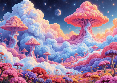 Dreamy Pastel Landscape with Mushroom Trees