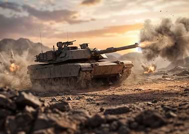 Tank firing in desert landscape