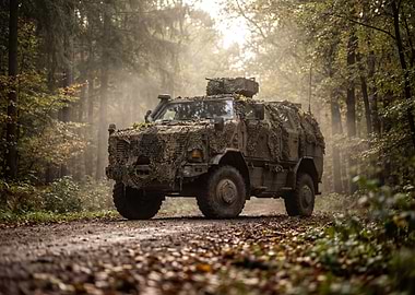 Camouflaged Military Vehicle in Forest