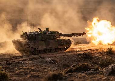 Tank firing in a dusty landscape