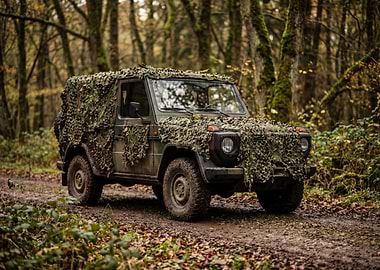 Camouflaged Military Vehicle in Forest