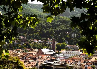Heidelberg cityscape framed by leaves