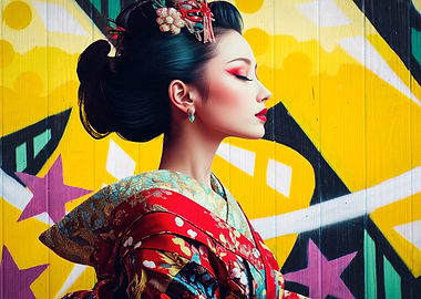 Geisha with Graffiti Background