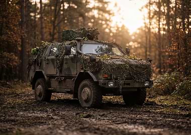 Camouflaged Military Vehicle in Forest