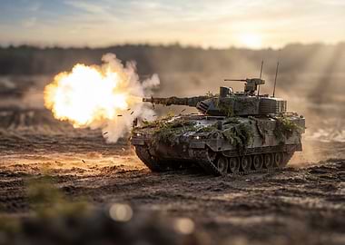 Tank firing on a battlefield