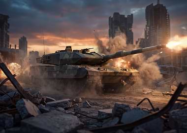 Tank firing in destroyed city