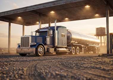Blue Semi-Truck at Gas Station