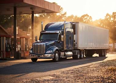 Blue Semi-Truck at Gas Station