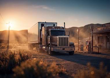 Semi-Truck at Desert Gas Station Sunset