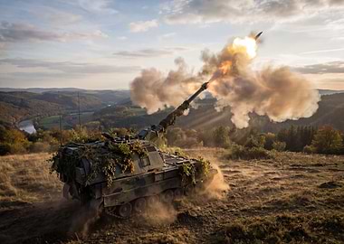 Military Tank Firing Missile in Landscape