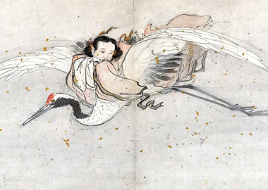 Daoist Immortal He Xiangu on a Flying Crane Chinese Taoist Painting