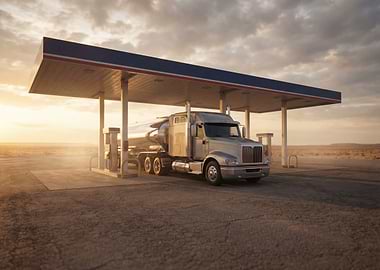 Truck at Gas Station at Sunset
