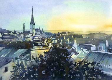 Tallinn Sunset Eastern Europe Estonia Watercolor