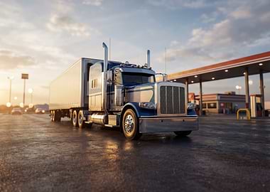 Blue Semi-Truck at Gas Station