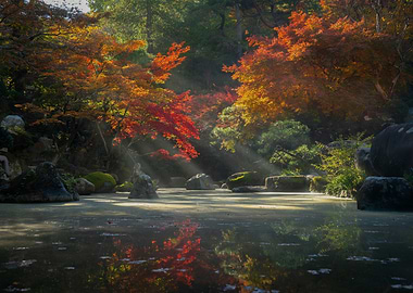 Autumn Japanese Garden with Pond