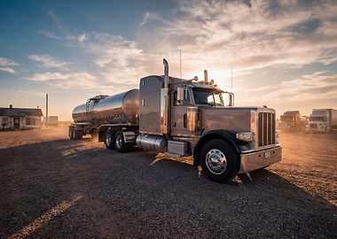 Semi-Truck with Tanker Trailer at Sunset