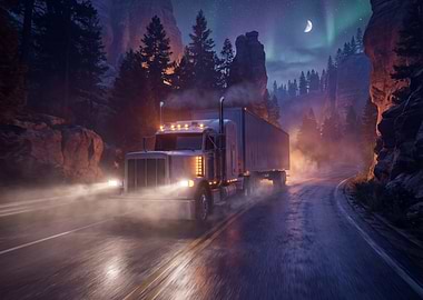 Truck on a winding road at night