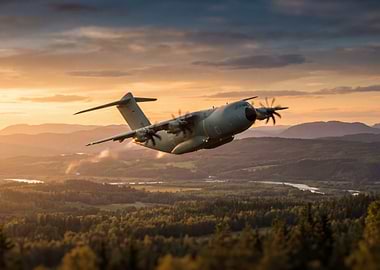 Military Aircraft Flying Over Forest at Sunset