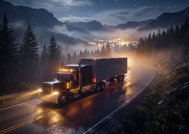 Truck on Mountain Road at Night