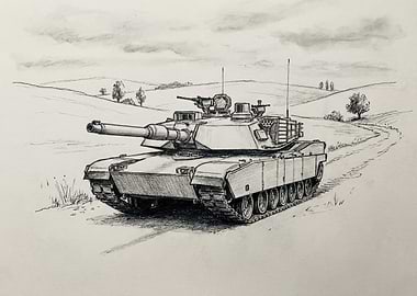 Tank in Field Pencil Sketch