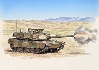 Camouflaged Tank Firing in Desert Landscape