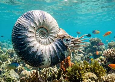 Amonite in Coral Reef