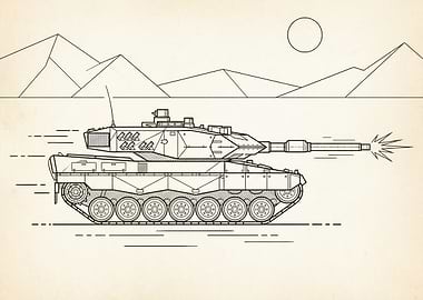 Tank firing in desert line art