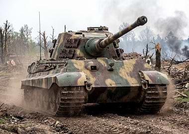 Camouflaged Tank in War-Torn Landscape