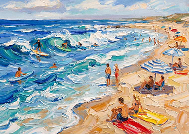 Impressionistic Beach Scene with Surfers