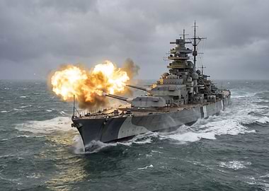 Battleship firing guns in stormy sea