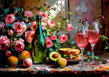Floral Still Life with Wine and Food