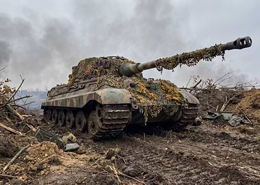 Camouflaged Tank in Muddy Terrain