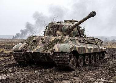Camouflaged Tank in Muddy Field