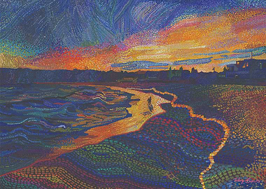 Pointillist Bondi Beach Sunset with surfer