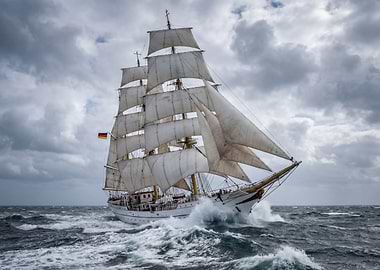 Tall Ship Sailing on Choppy Seas