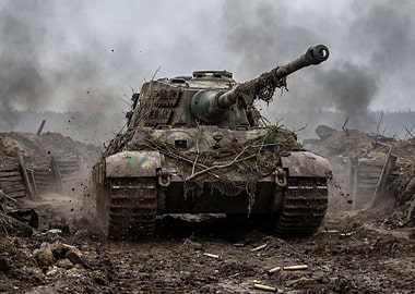 Camouflaged Tank in Battlefield