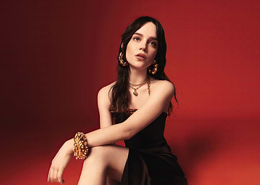 sophie thatcher in Black Dress with Gold Jewelry