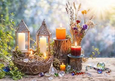 Candles, Crystals, and Flowers Still Life Boho Vibe Bohemian