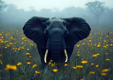 Elephant in a field of flowers