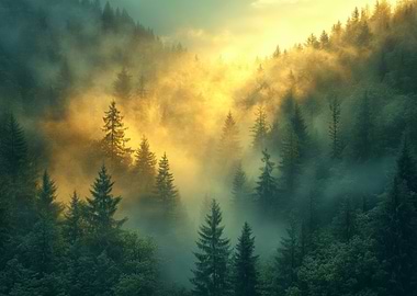 Misty Forest Landscape with Golden Light