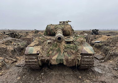 Camouflaged Tank in Muddy Trench