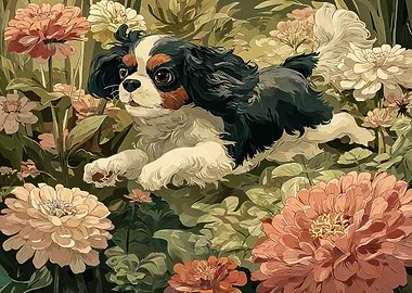 Cavalier King Charles Spaniel in Flowers